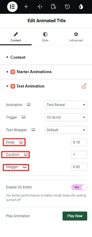 Configure text animation function