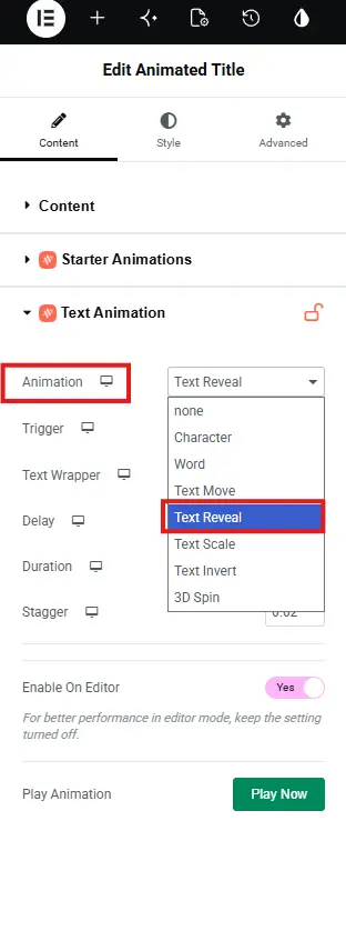 Text reveal selected as animation