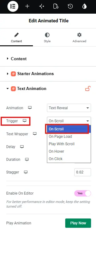 Trigger set to on scroll
