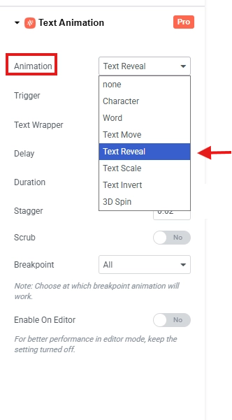 Choose the type of text Animation