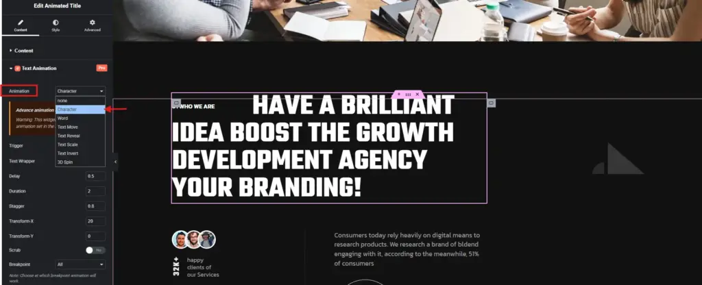 Choose the type of text animation