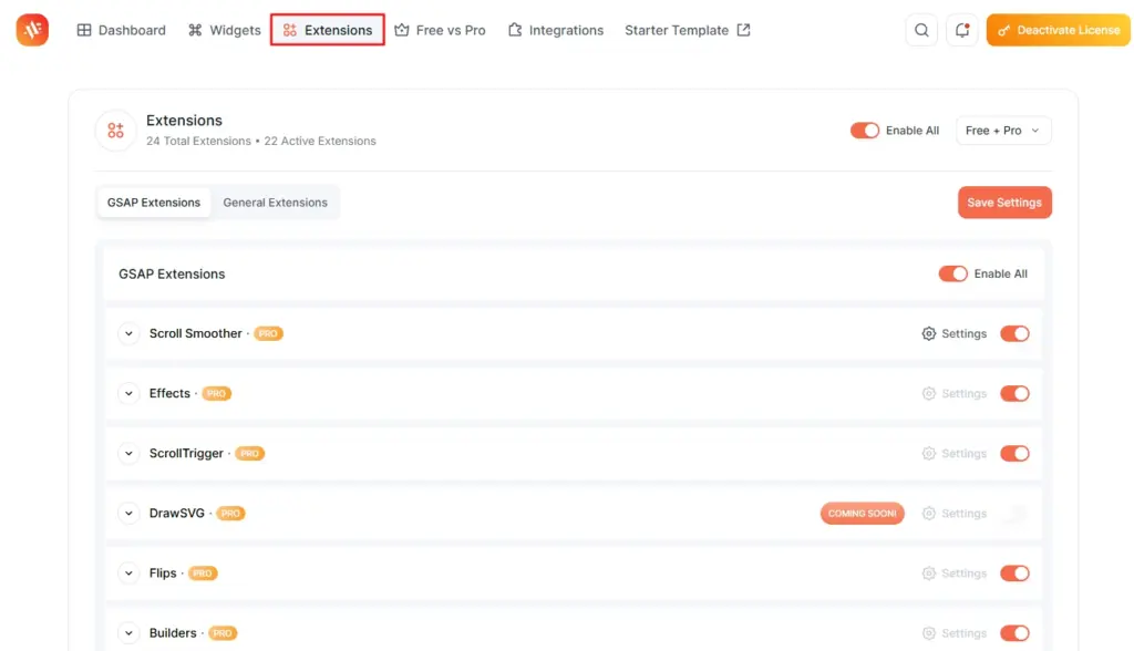 Extension dashboard in Animation Addons