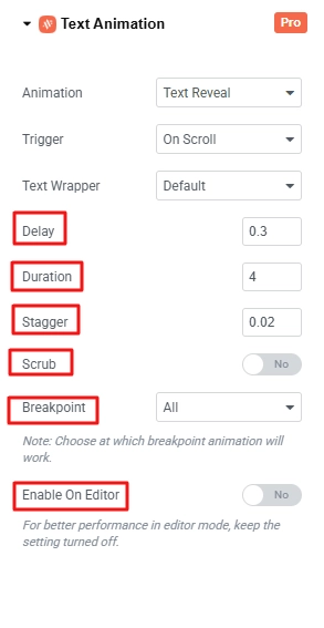 Set delay, duration, stagger, scrub, and breakpoint.