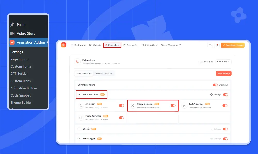 Enable sticky scroll effect in animation addons