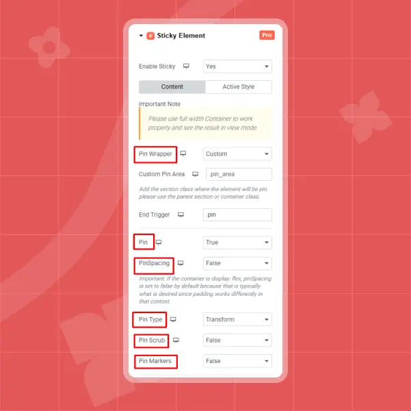 Pin of sticky element