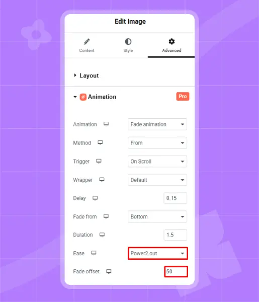 Fade animation ease and fade offset