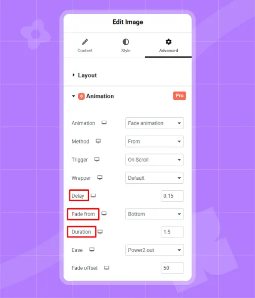 Fade animation delay and duration
