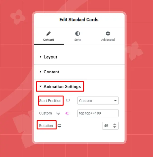 Animation setting of stacked cards