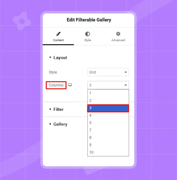 Column of gallery filter