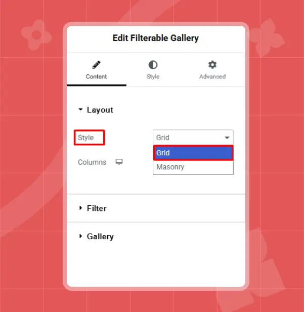 Layout of filter gallery