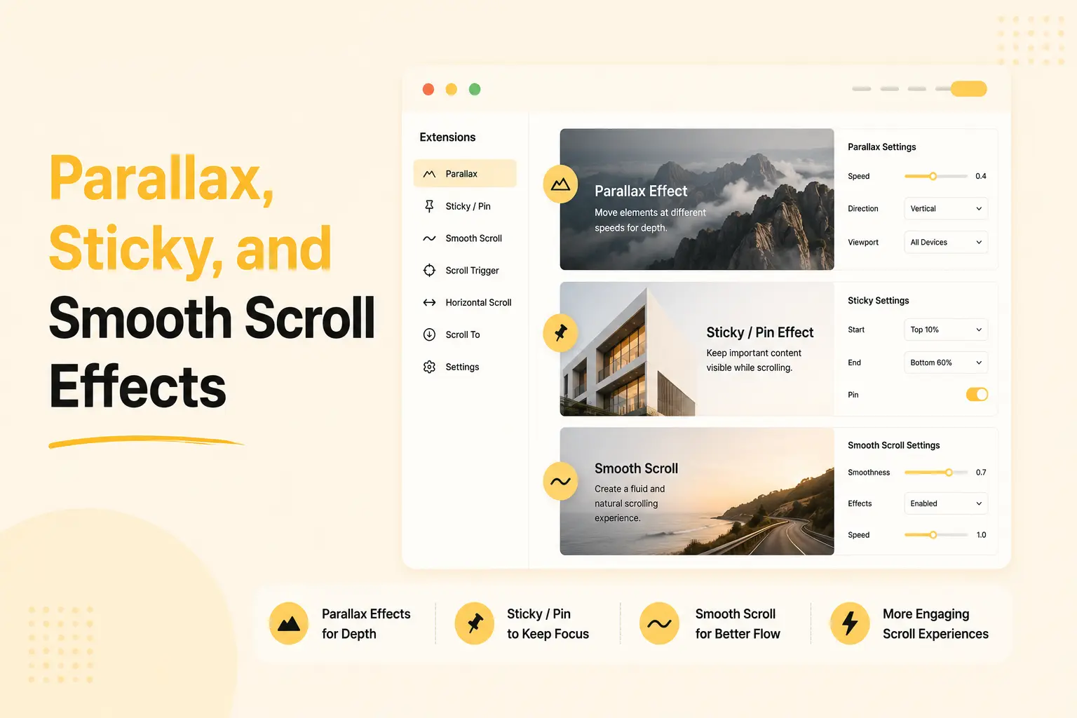 Parallax sticky and smooth scroll effects