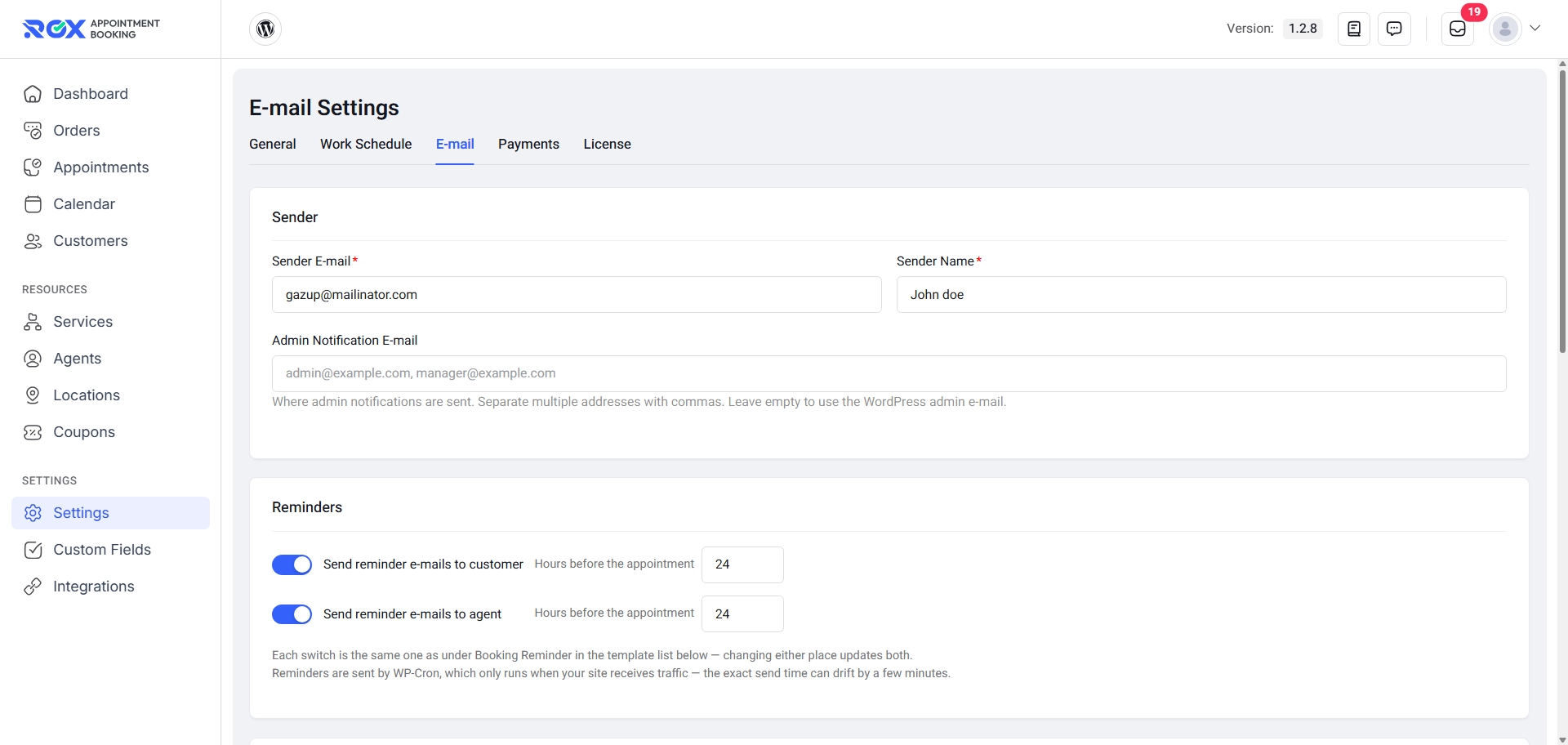 7 booking email settings