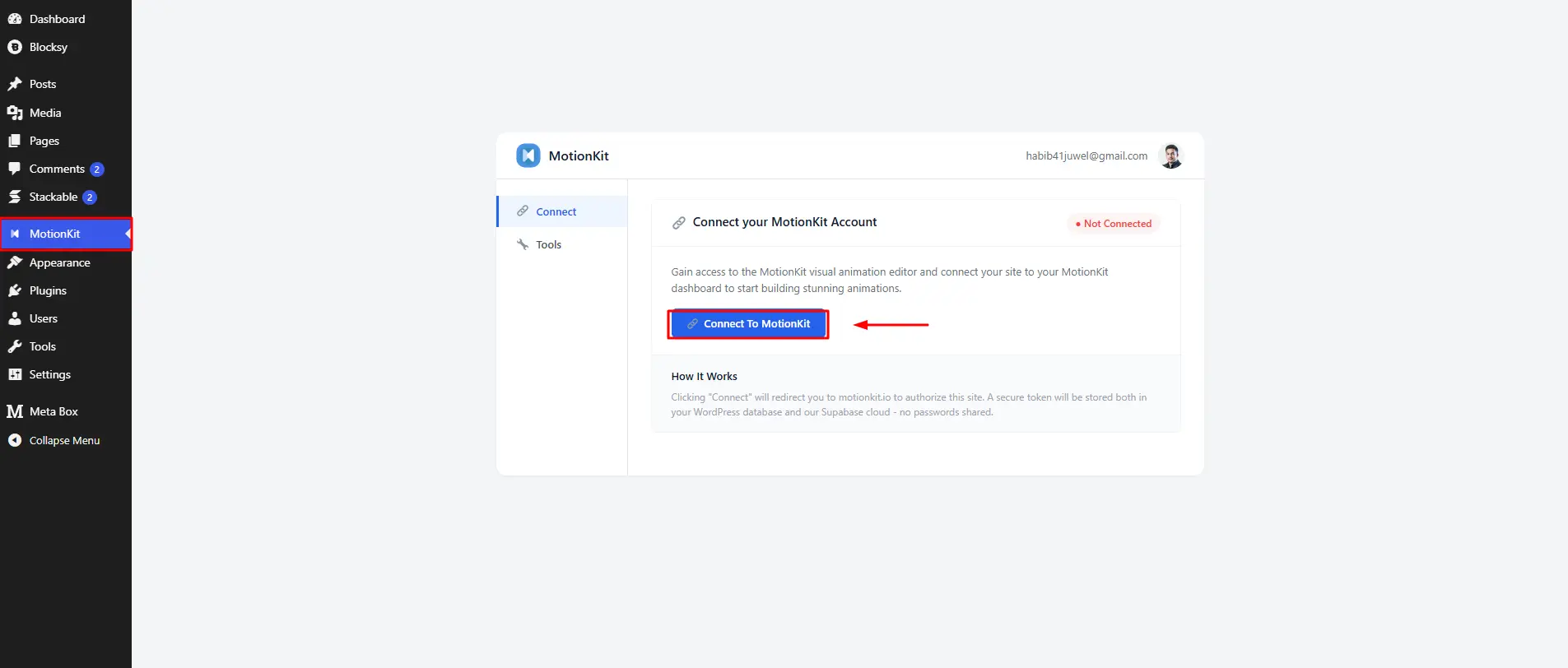 Click connect to motionkit button
