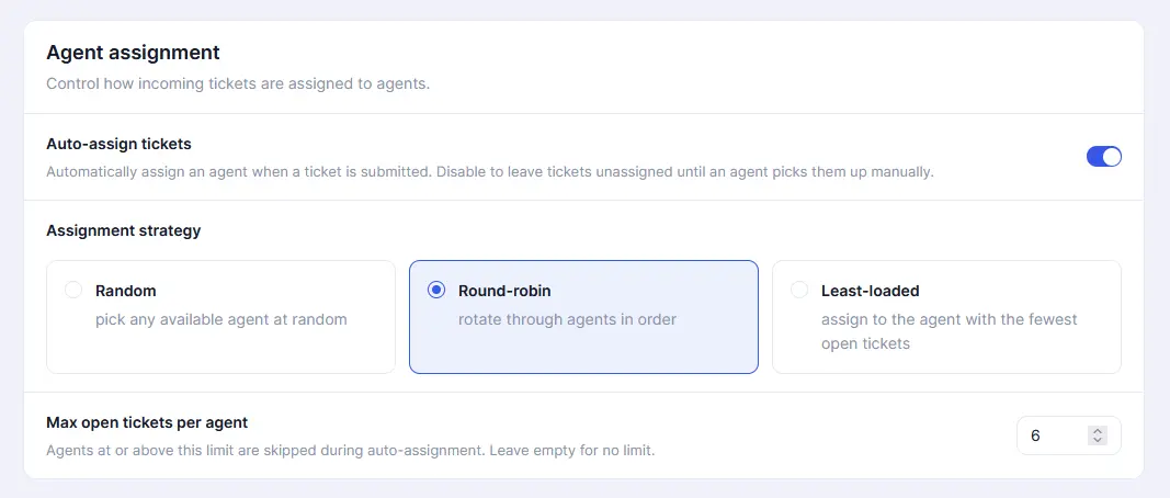 Round robin customer ticket settings