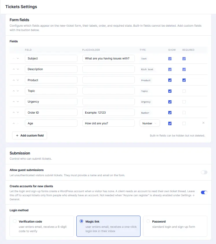 Ticket settings