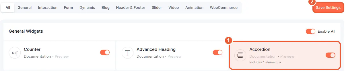 Enable the Accordion widget