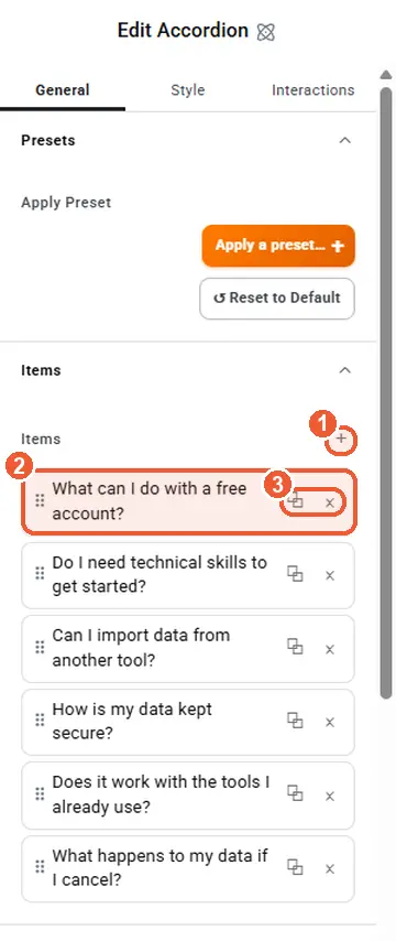 Accordion items list