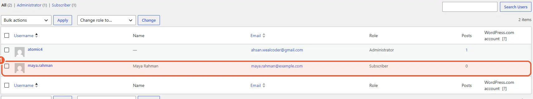 New user in the Users list
