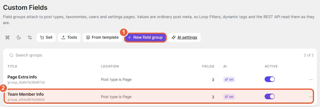 Custom Fields groups list