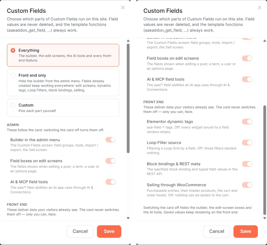 Custom Fields modules dialog