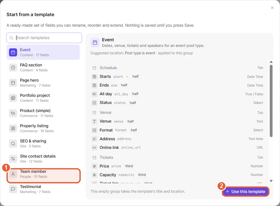 Start from a template dialog