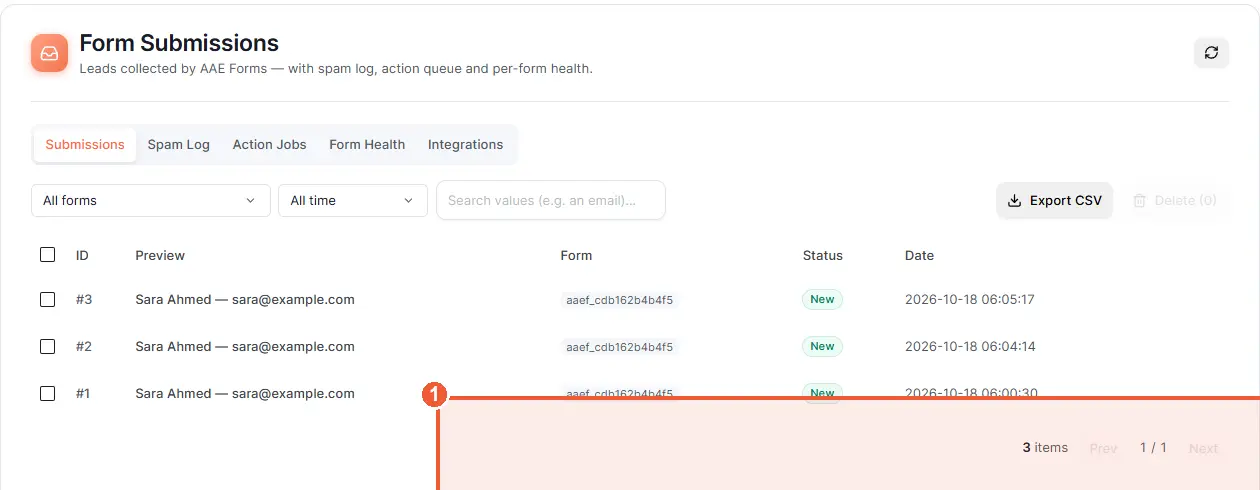 Form submissions list