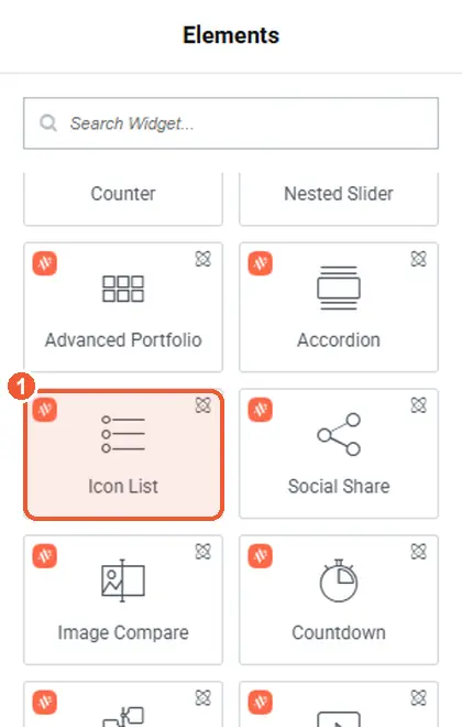 Icon List in the Elements panel