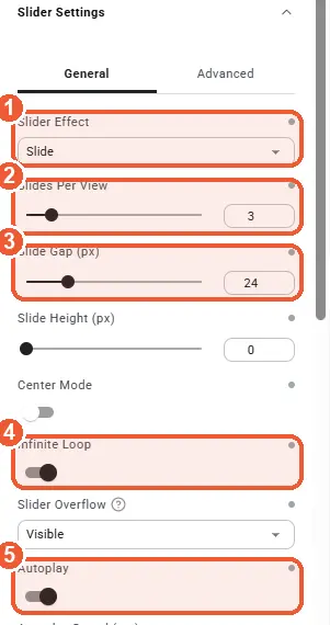 Slider settings