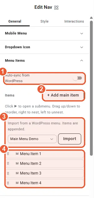 Menu items settings