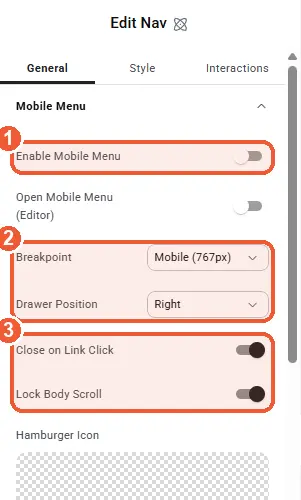 Mobile menu settings