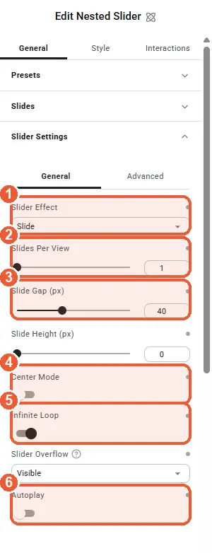 Slider settings