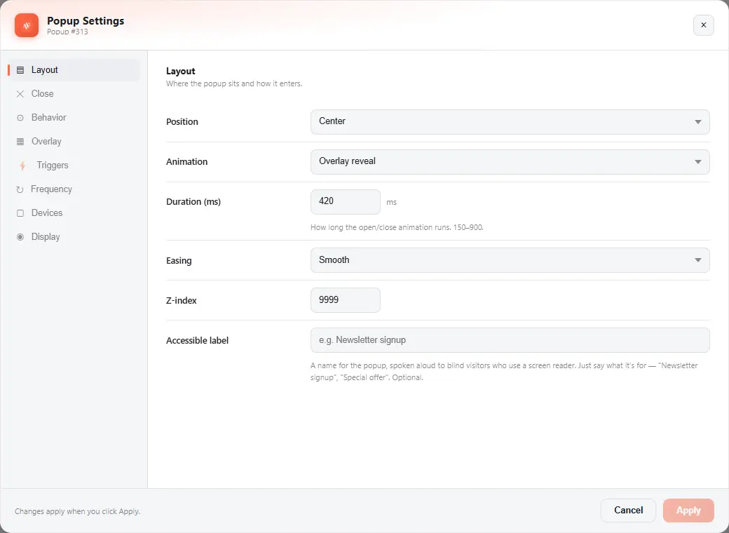 Popup Settings window