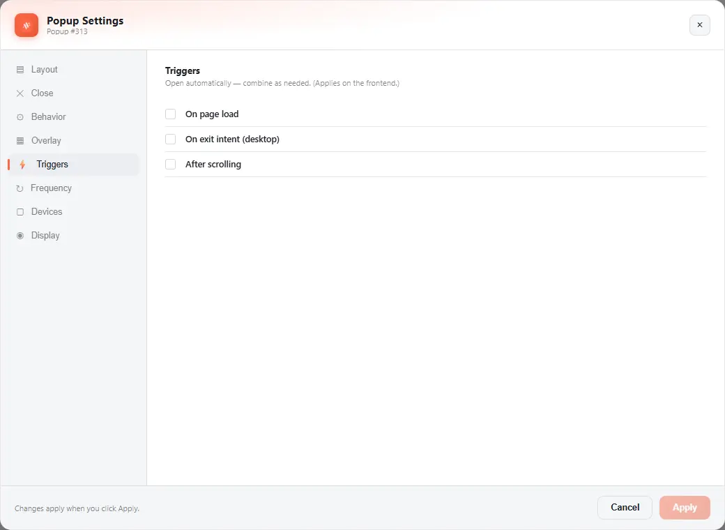 Popup Settings triggers tab