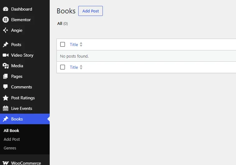 Books post type and Genres taxonomy in the WordPress menu