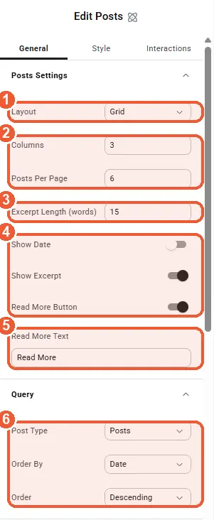 Posts Grid settings