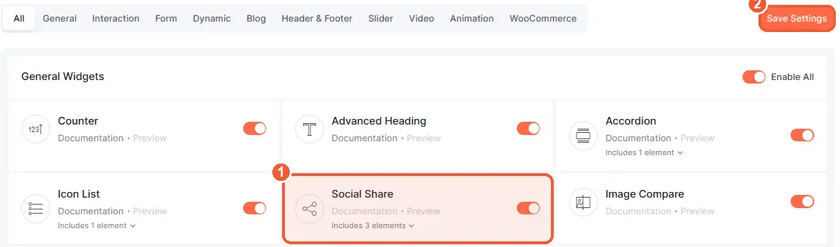 Enable the Social Share widget