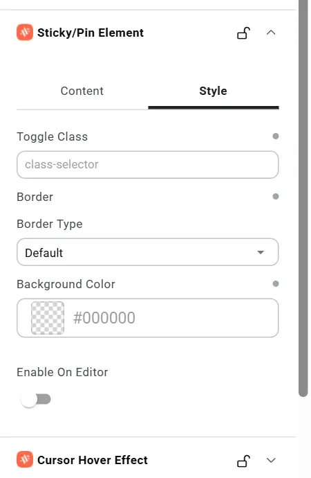 Style tab: Toggle Class, Border and Background Color