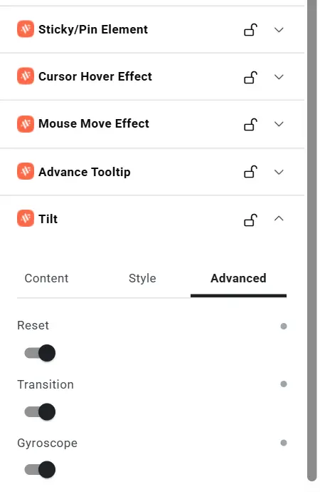 Tilt Advanced tab