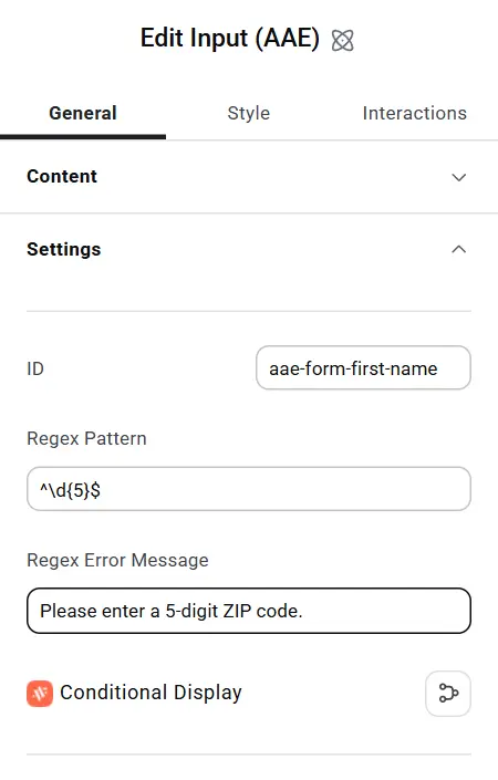 Regex Pattern and Regex Error Message fields