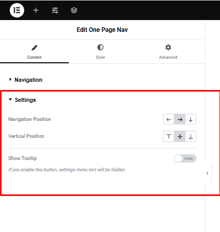 One Page Navigation Setting