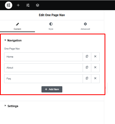 One Page Navigation Content Setting