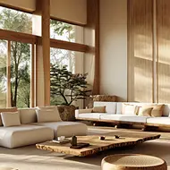 A calm living room with a low linen sofa